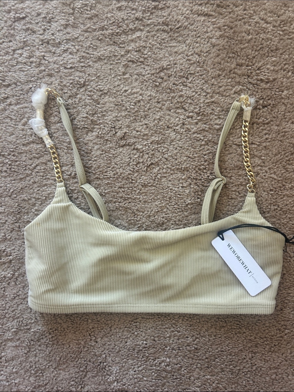 WeWoreWhat Ribbed Bandeau Bralette in Kahki with Gold Chain Straps